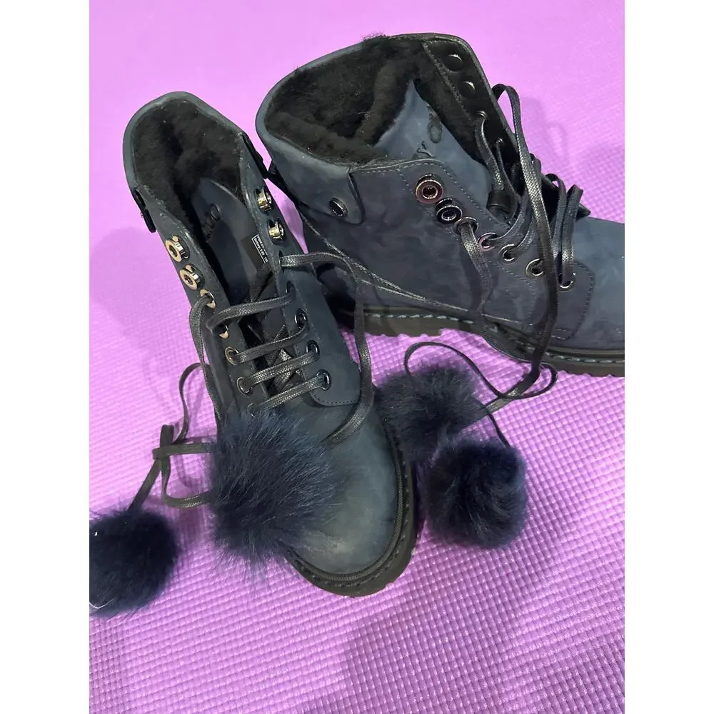 New Jimmy Choo Leather Boots Size 7 Lamb Shearling Fur Pom Pom Made in Italy
